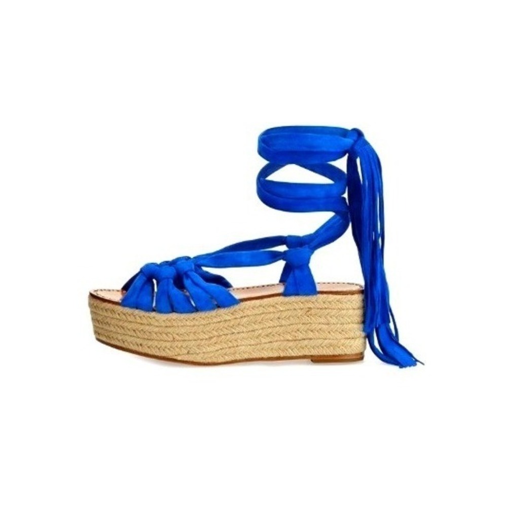 Sigerson Morrison Cosie Espadrille Blue Suede Platform Wedge Fringe Sandal 9.5